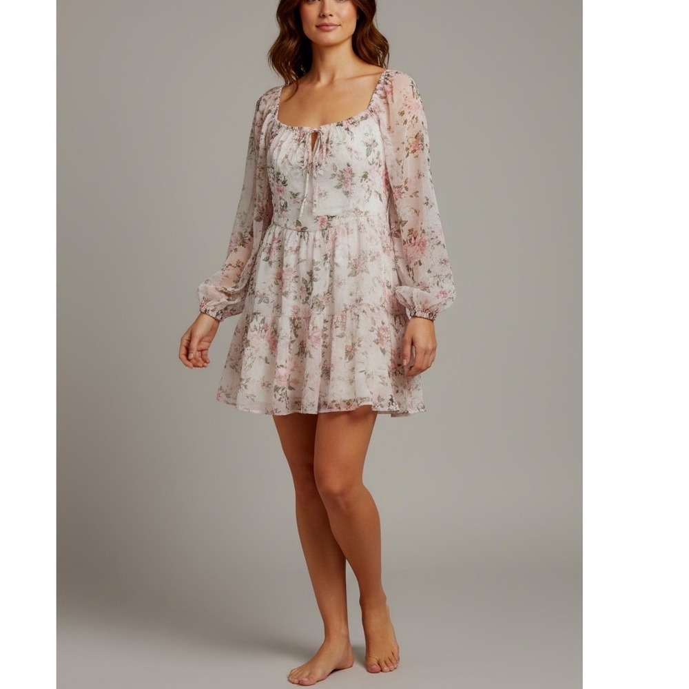 One Clothing Pink Floral Chiffon Tiered Mini Dress XL Bishop Sleeve-Romantic-New